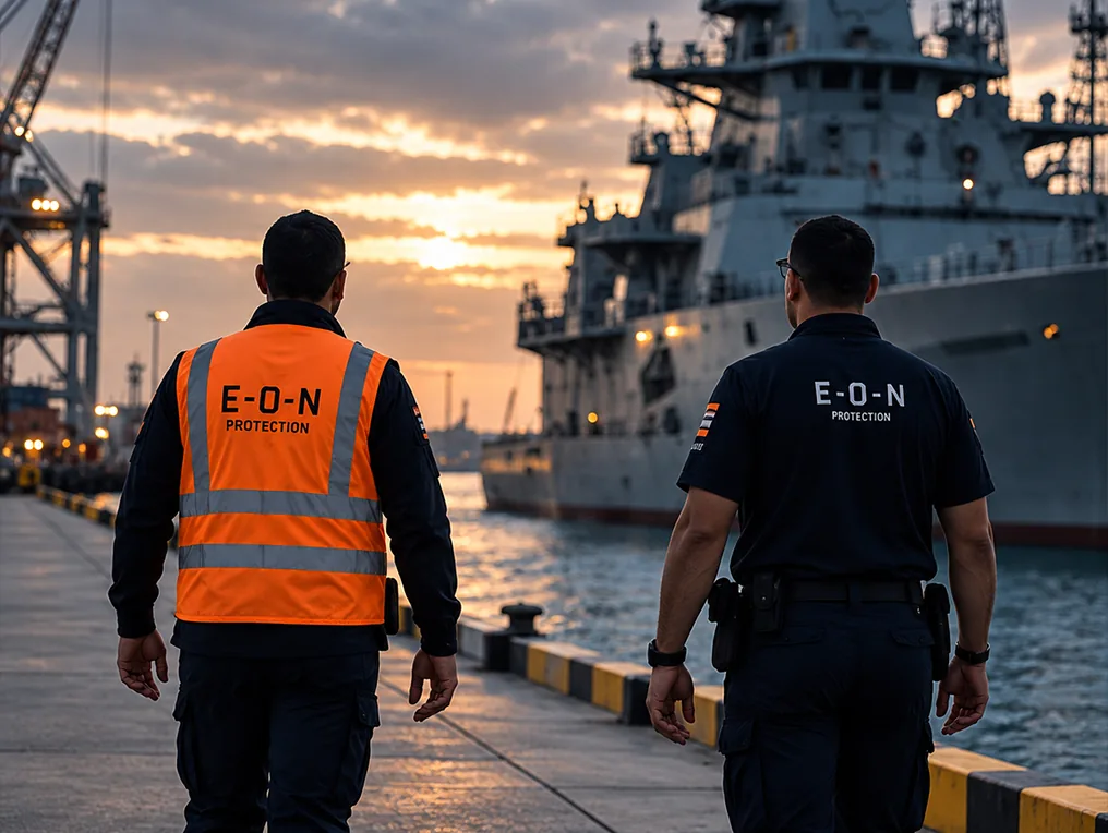 EON Protection officers on patrol at a port at dusk